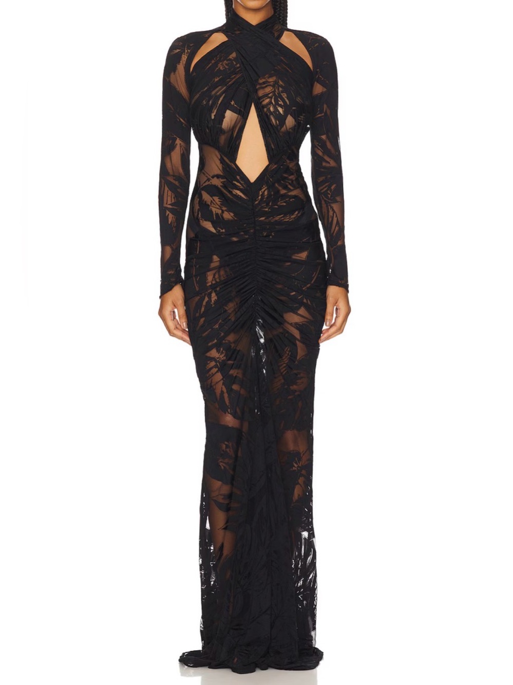 Lapointe Black Long-Sleeve Sheer Ruched Cutout Evening Gown Burnout Floral 0 XS